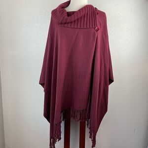 D & Bond Maroon Fringed Button Sweater Poncho One Size Fits Most EUC